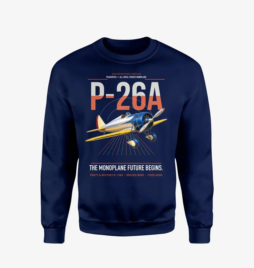 Boeing P-26A Peashooter design on navy blue sweatshirt