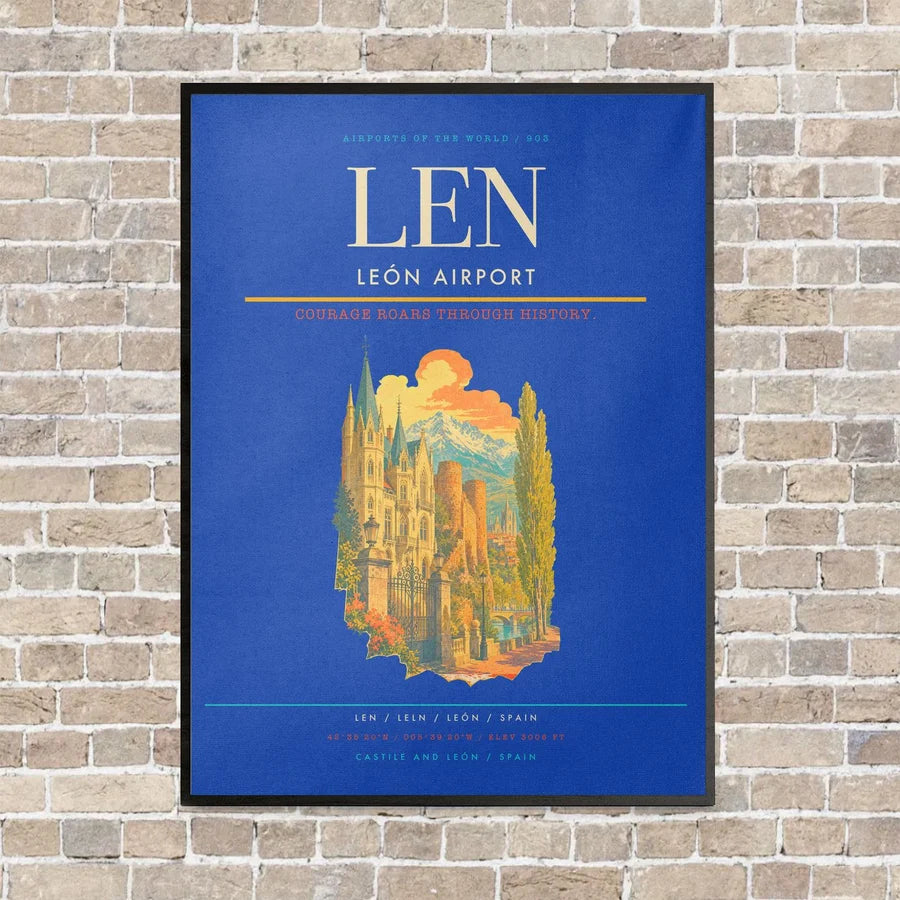 León Airport LEN vertical canvas print - framed - blue background