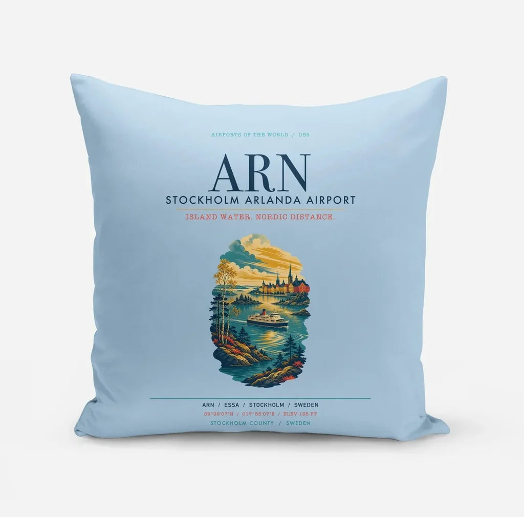 Stockholm Arlanda Airport (ARN) design on light blue pillow