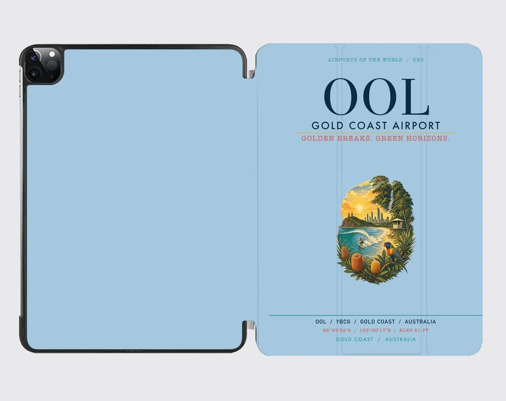 Gold Coast Airport (OOL) design on light blue ipad tablet case