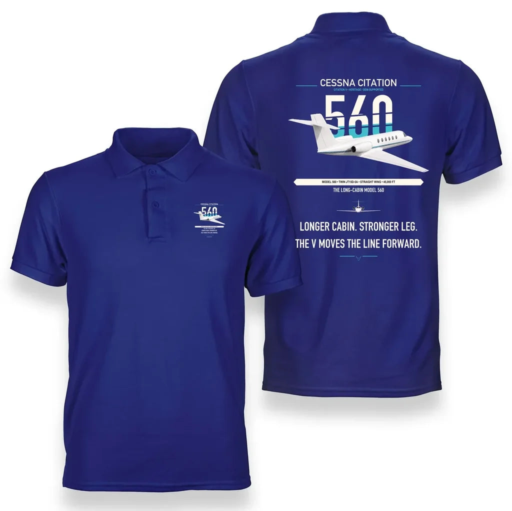 Cessna Citation 560 - Citation V design on blue double-side polo t-shirt, double-side print