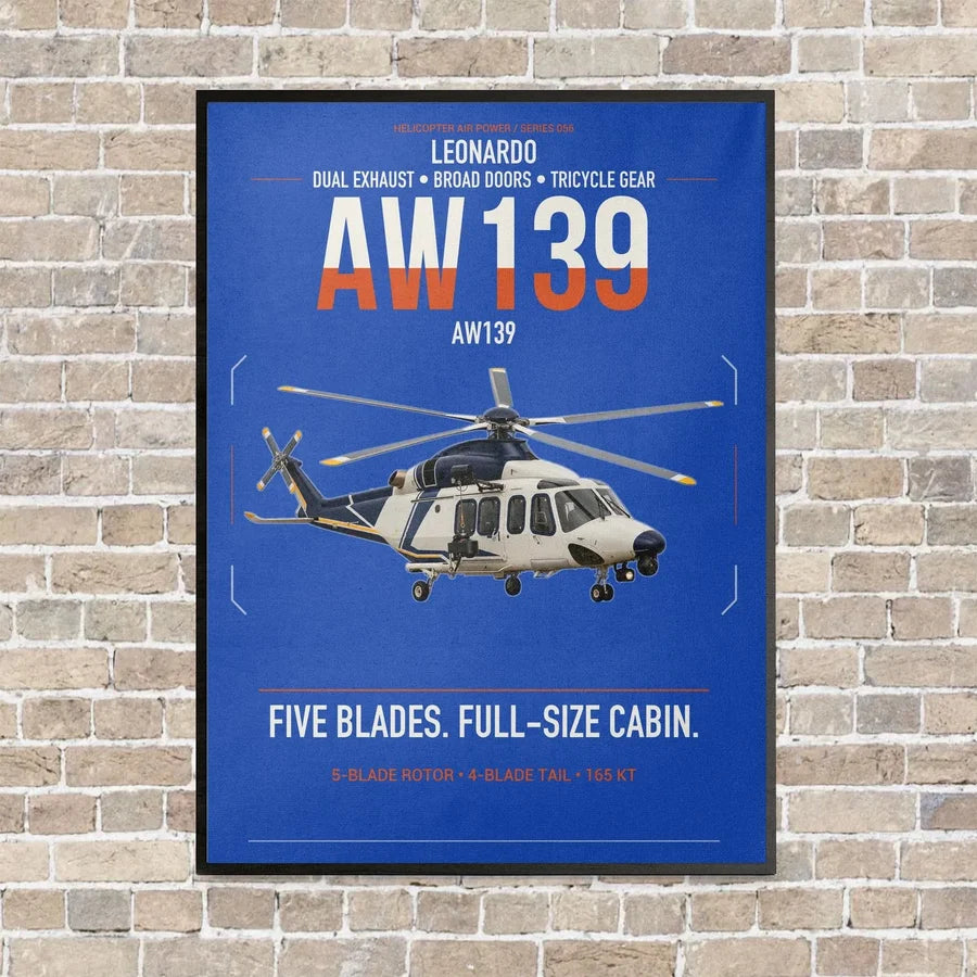 Leonardo AW139 vertical canvas print - framed - blue background