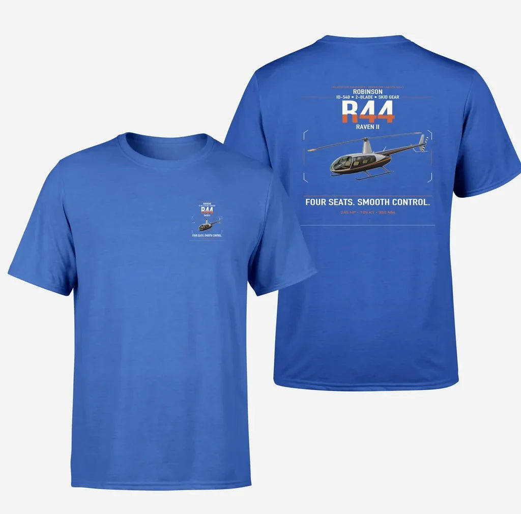 Robinson R44 Raven II design on blue t-shirt, double-side print