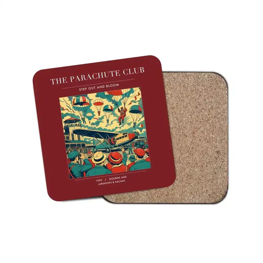 The Parachute Club - Designed Coasters design on dark red 1-piece