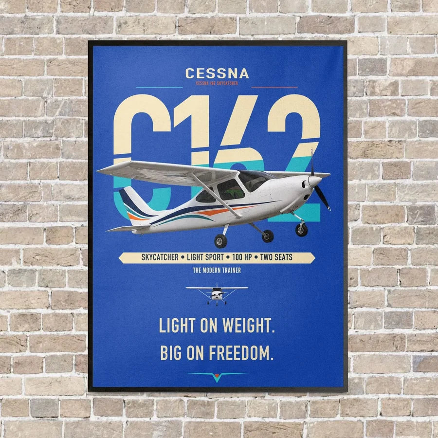 Cessna 162 Skycatcher vertical canvas print - framed - blue background