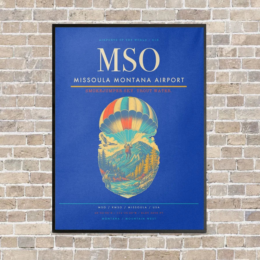 Missoula Montana Airport MSO vertical canvas print - framed - blue background