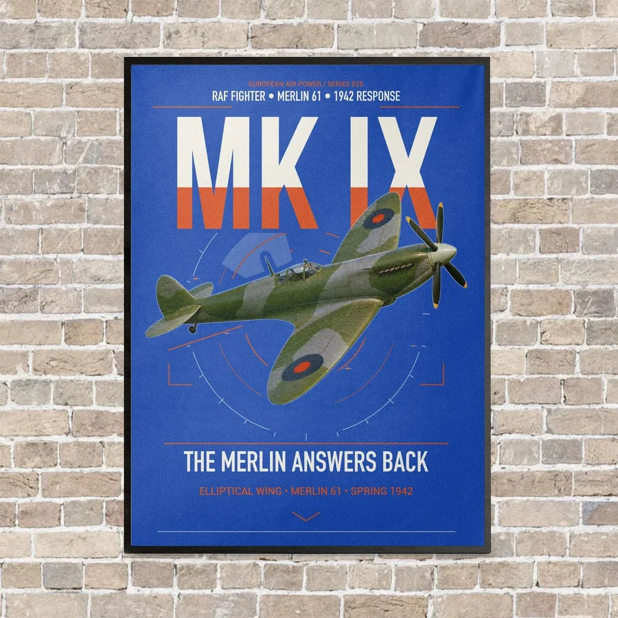 Supermarine Spitfire Mk IX vertical canvas print - framed - blue background