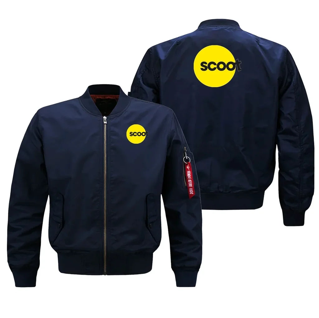 Scoot Airlines aviation design embroidered on blue bomber jacket