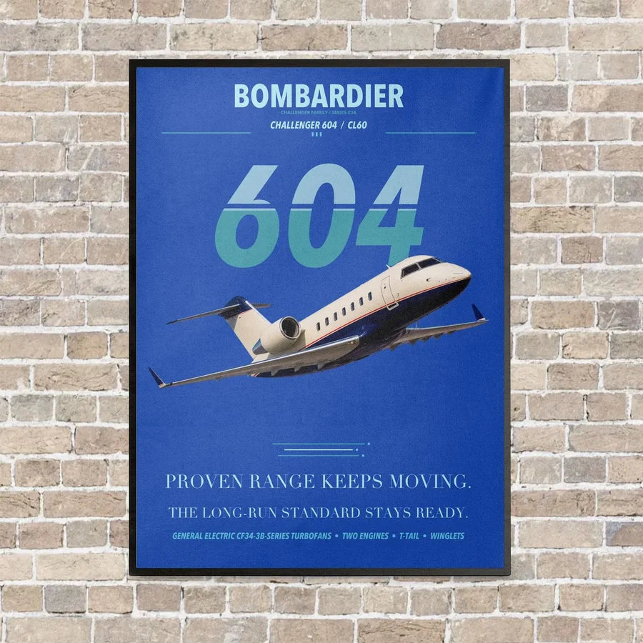 Bombardier Challenger 604 vertical canvas print - framed - blue background