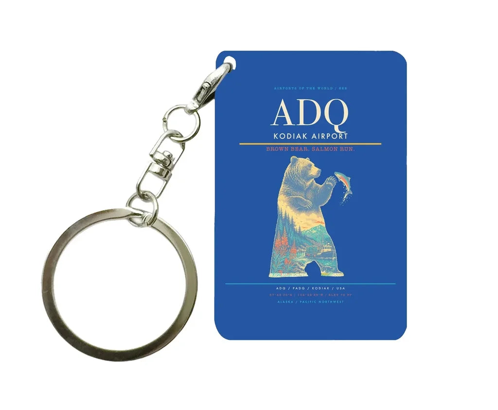 Kodiak Airport (ADQ) design on blue key chain
