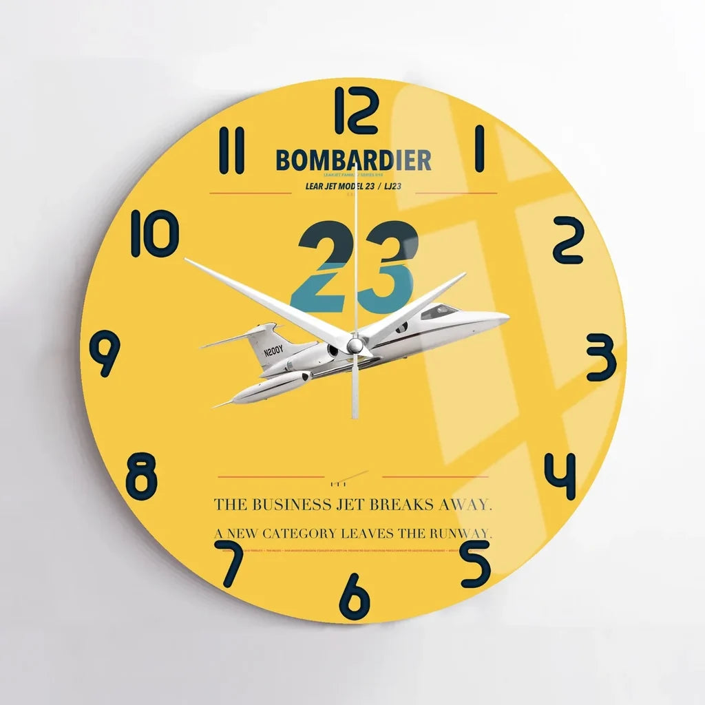 Bombardier Learjet 23 design on yellow no frame wall clock