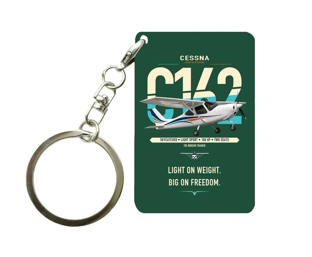 Cessna 162 Skycatcher design on dark green designed key chain, double-side print