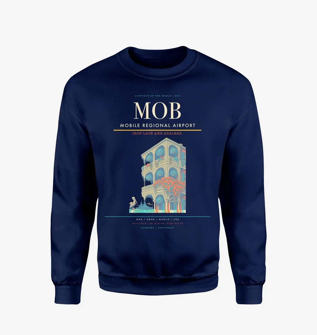 Mobile Regional Airport (MOB) design on navy blue sweatshirt