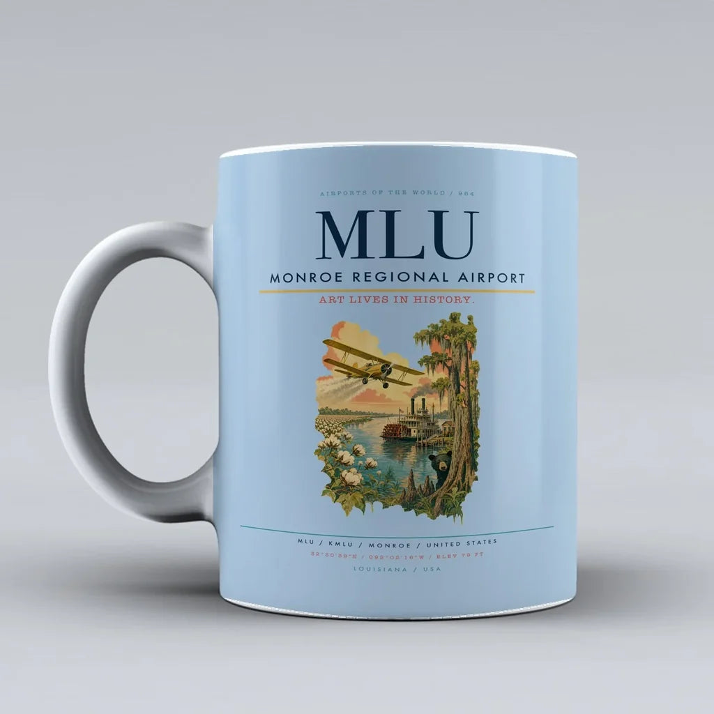 Monroe Regional Airport (MLU) airport code design on light blue ceramic mug