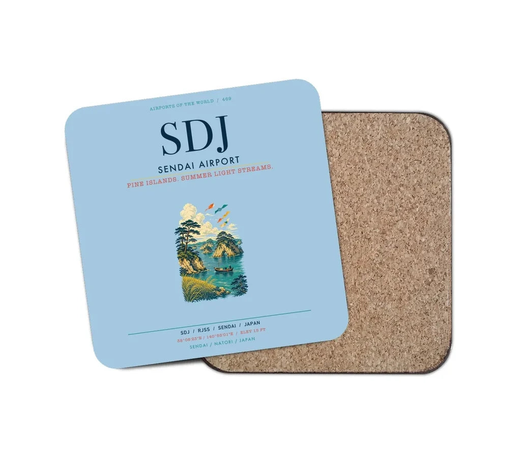 Sendai Airport (SDJ) design on light blue 1 piece coaster