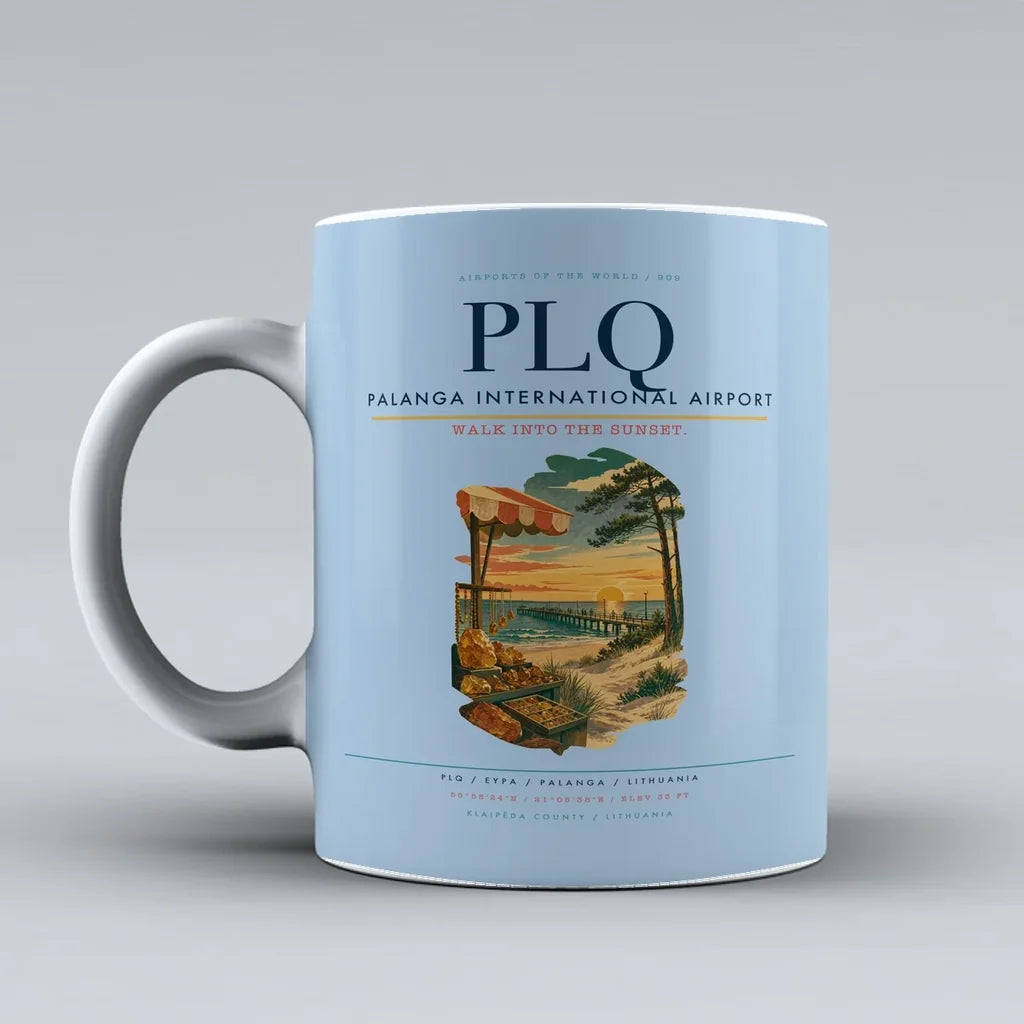 Palanga International Airport (PLQ) airport code design on light blue ceramic mug