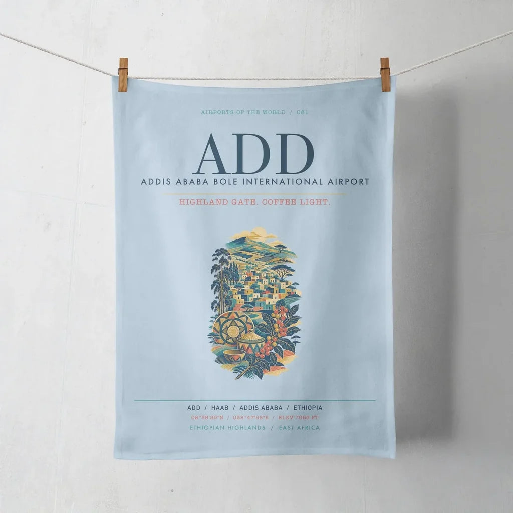 Addis Ababa Bole International Airport (ADD) design on light blue towel
