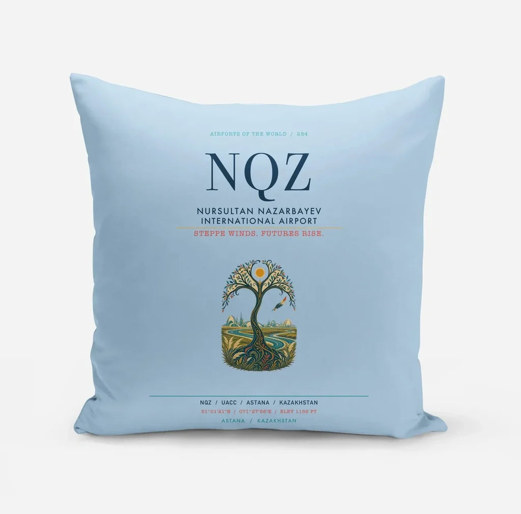 Nursultan Nazarbayev International Airport Astana (NQZ) design on light blue pillow