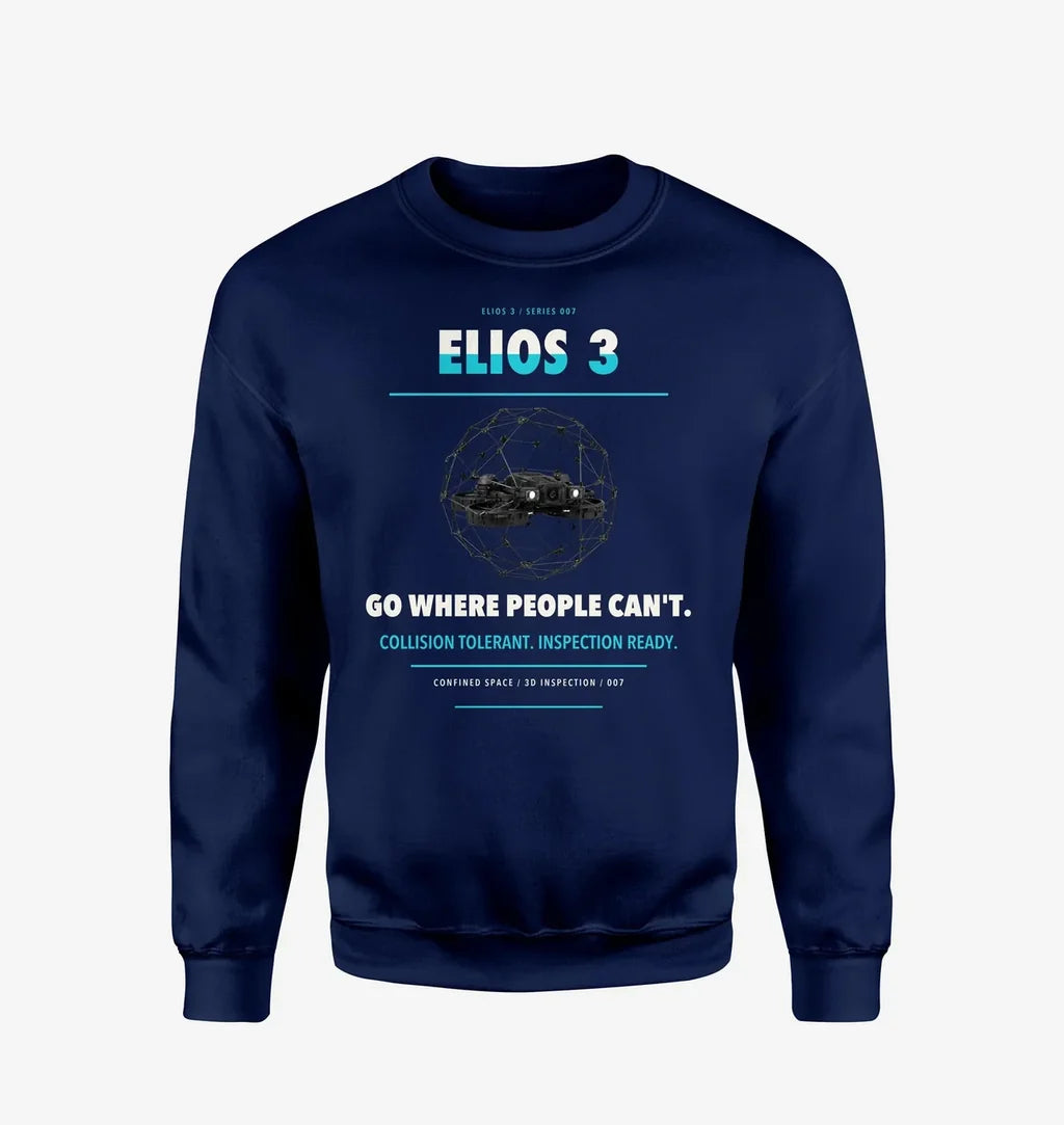 Flyability Elios 3 design on navy blue sweatshirt