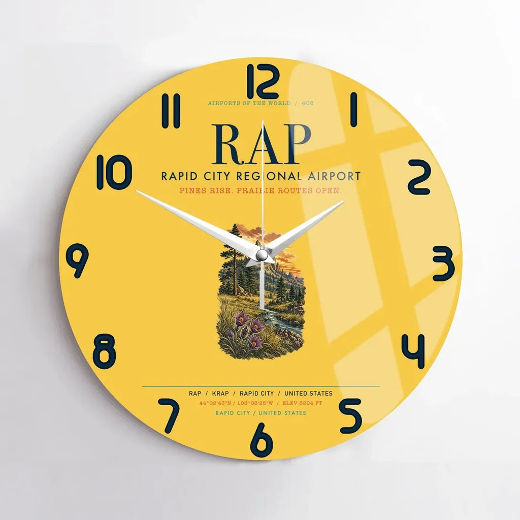 Rapid City Regional Airport (RAP) design on yellow no frame wall clock