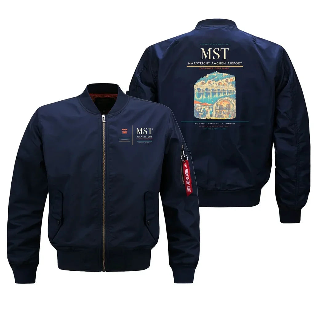 Maastricht Aachen Airport (MST) design on blue bomber jacket