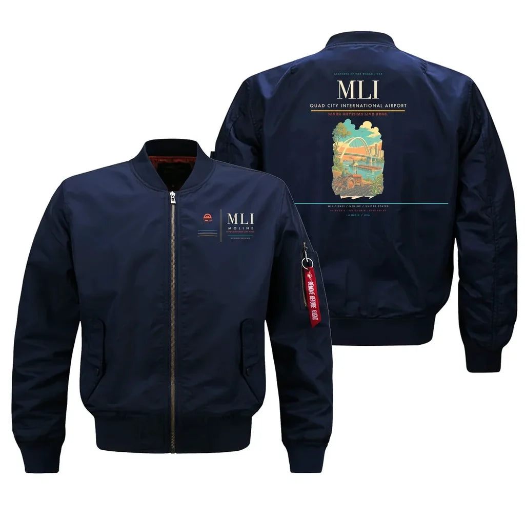 Quad City International Airport (MLI) design on blue bomber jacket