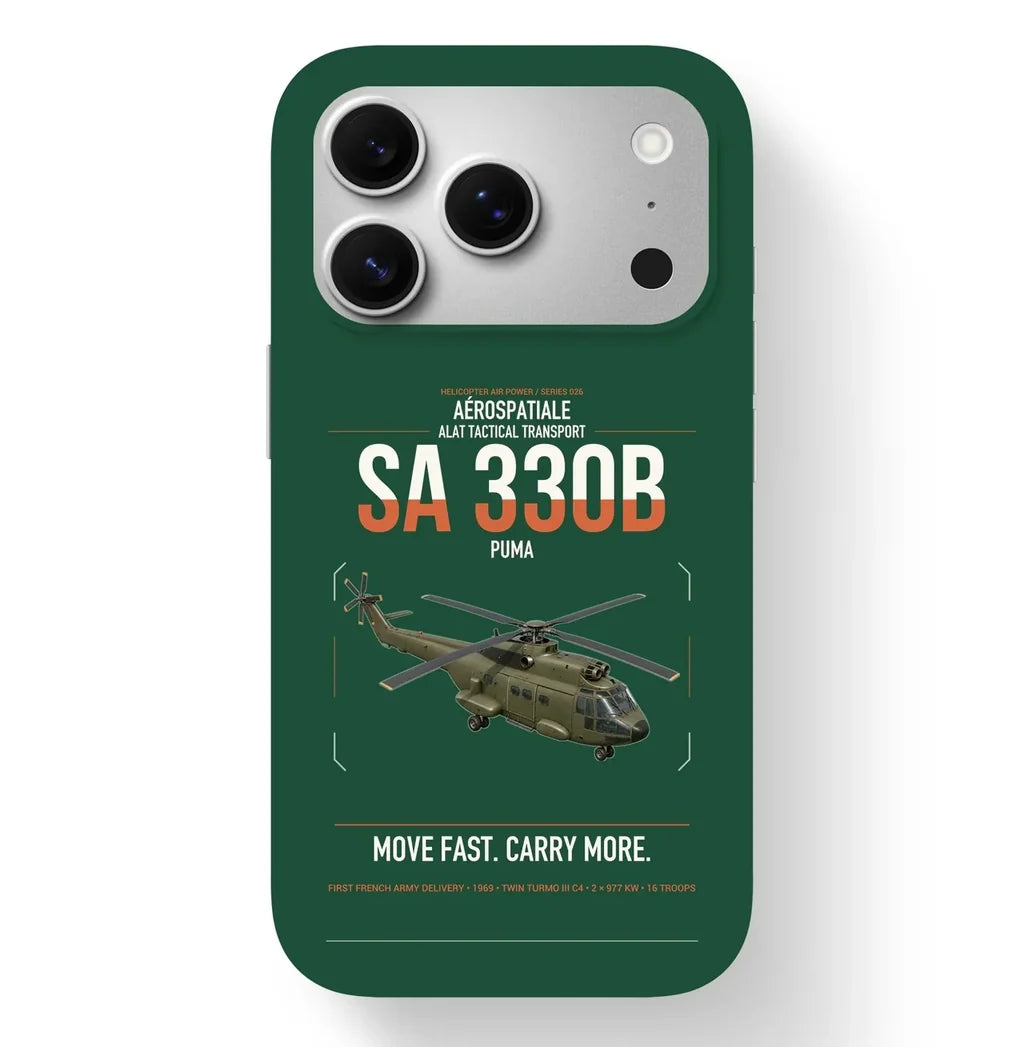Aérospatiale SA 330B Puma design on dark green magsafe iphone case, for iPhone 17 Pro