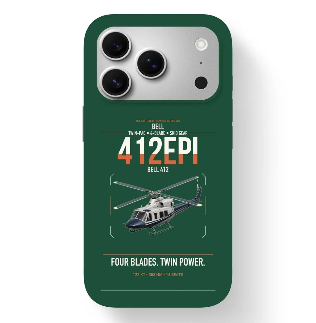 Bell 412EPI design on dark green magsafe iphone case, for iPhone 17 Pro