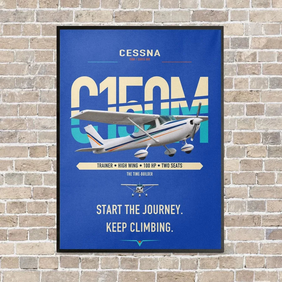 Cessna 150M vertical canvas print - framed - blue background