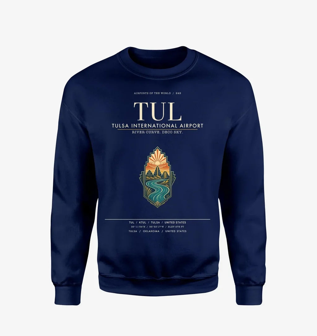 Tulsa International Airport (TUL) design on navy blue sweatshirt