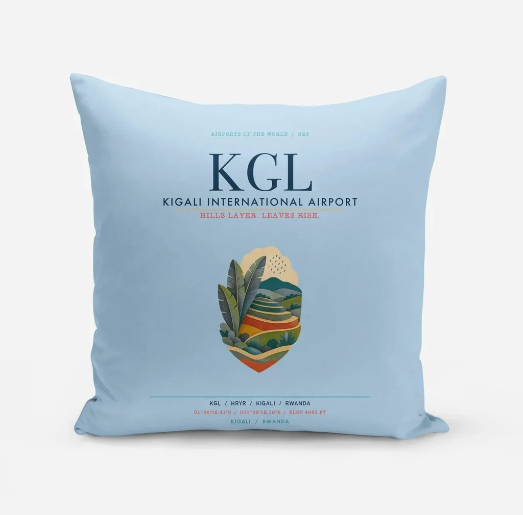 Kigali International Airport (KGL) design on light blue pillow