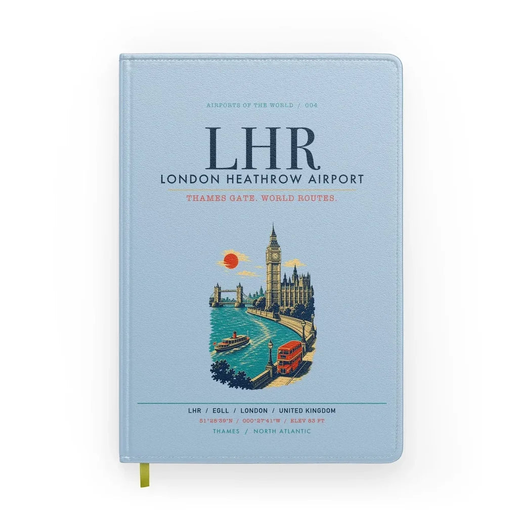 London Heathrow Airport (LHR) design on light blue notebook
