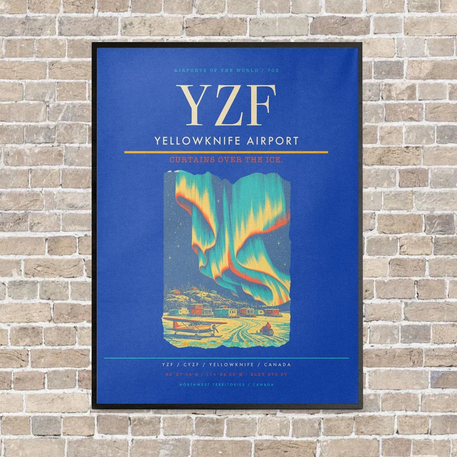 Yellowknife Airport YZF vertical canvas print - framed - blue background