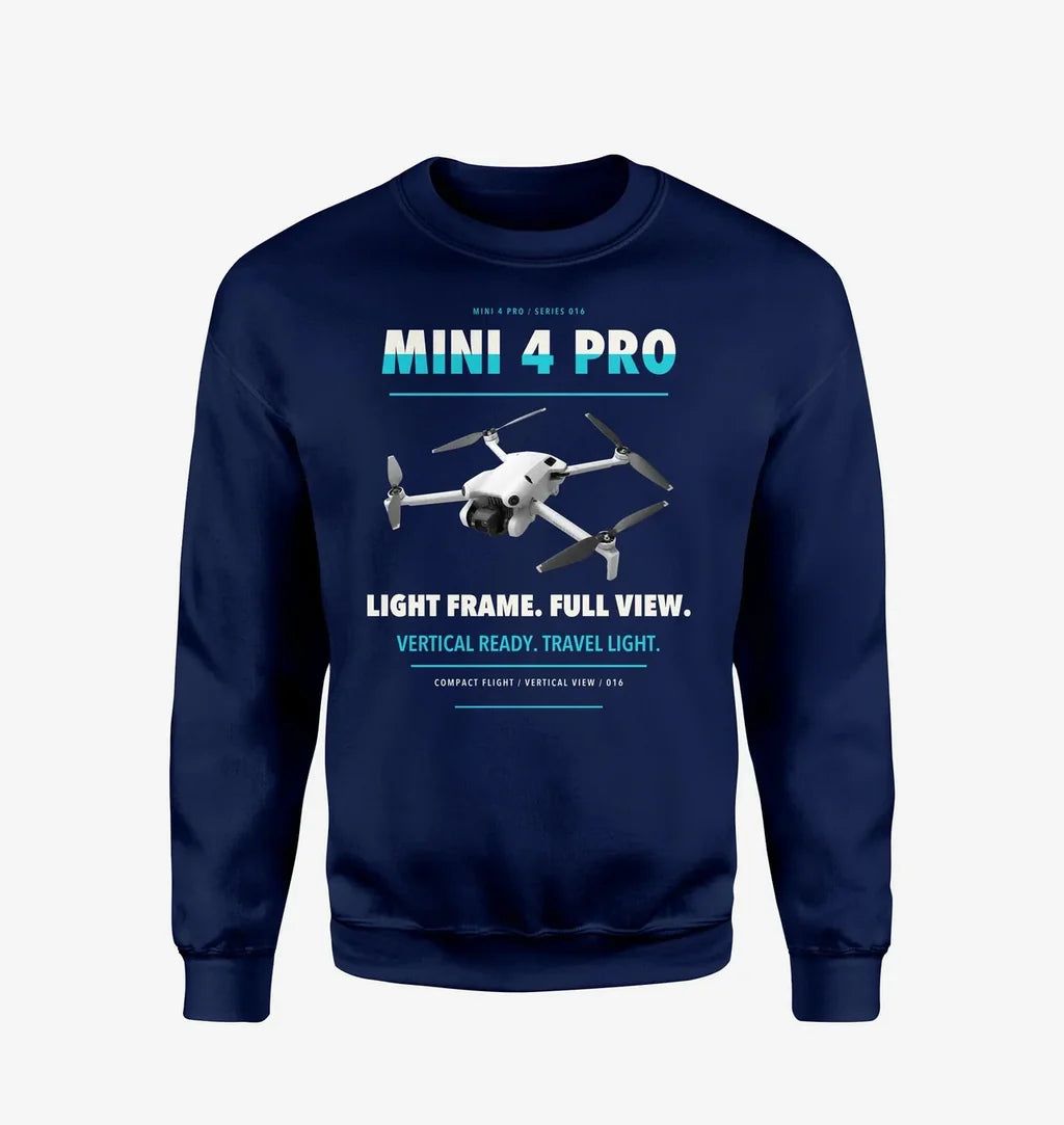 DJI Mini 4 Pro design on navy blue sweatshirt