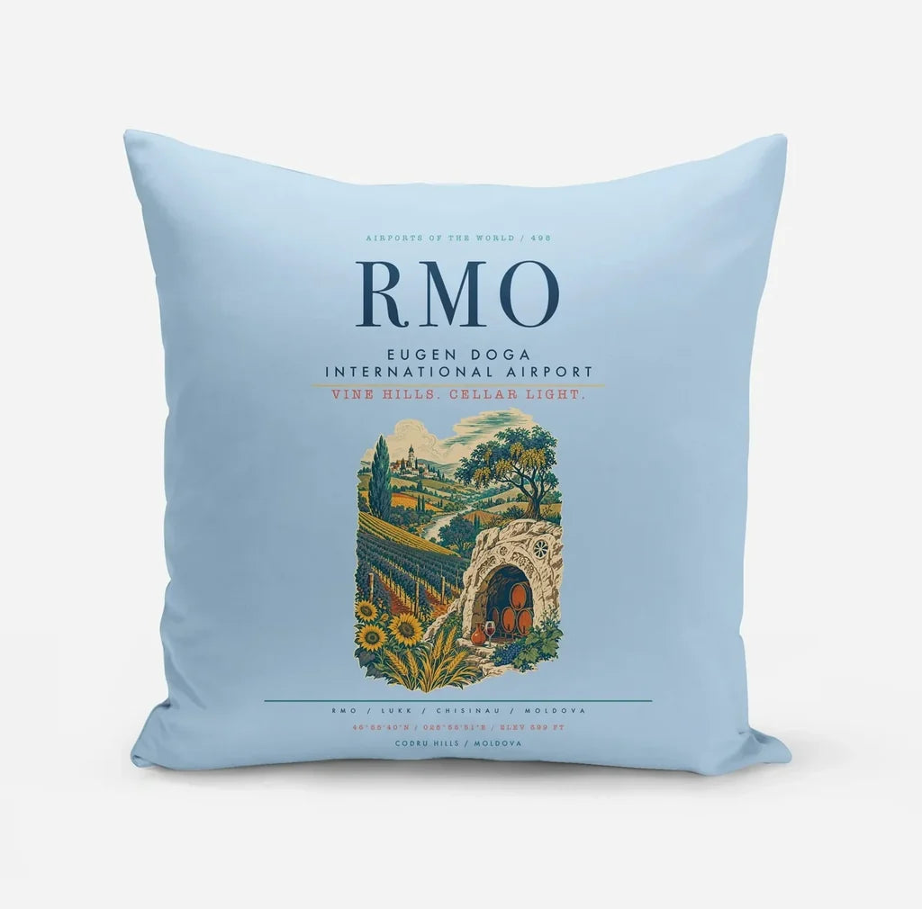 Chisinau Eugen Doga International Airport (RMO) design on light blue pillow