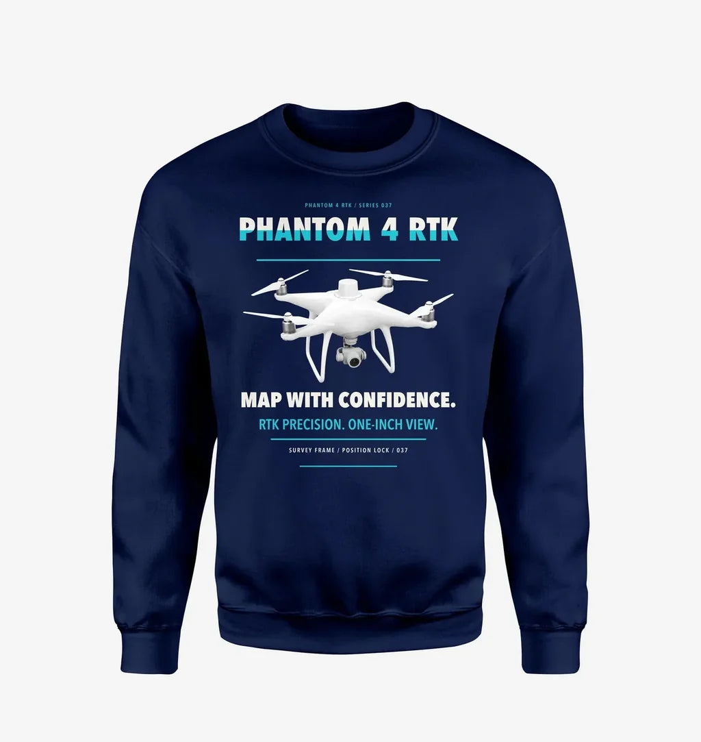 DJI Phantom 4 RTK design on navy blue sweatshirt