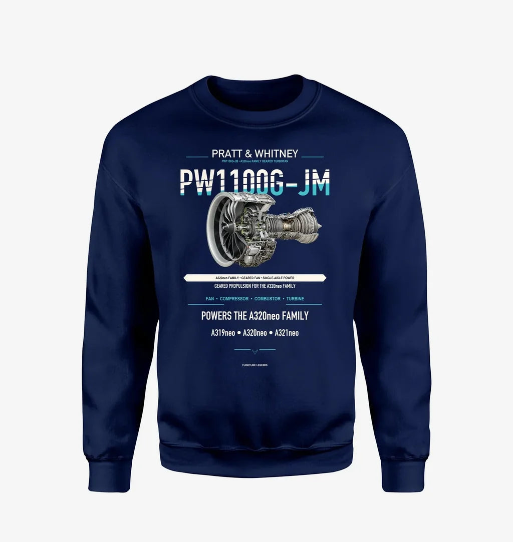 PW1100G-JM design on navy blue sweatshirt