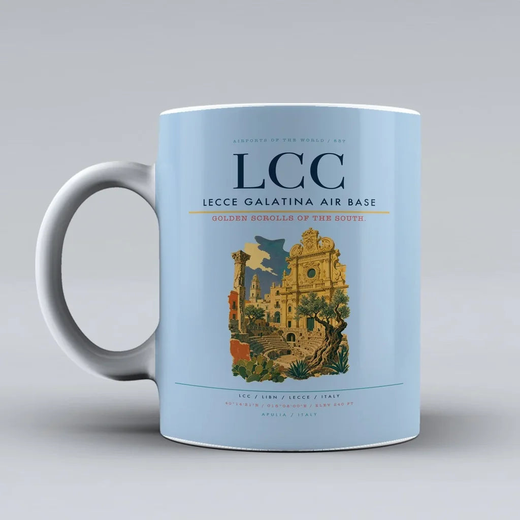 Lecce Galatina Air Base (LCC) airport code design on light blue ceramic mug