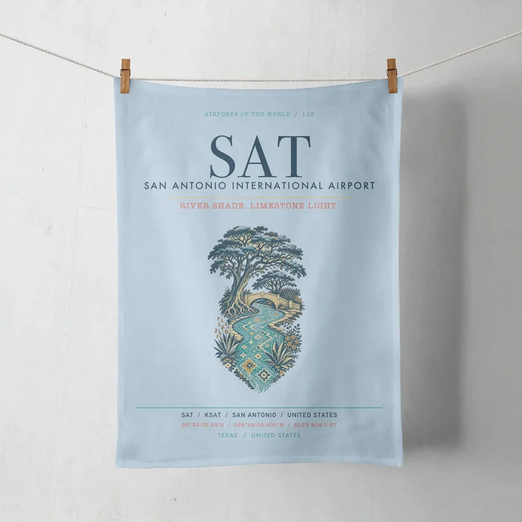 San Antonio International Airport (SAT) design on light blue towel