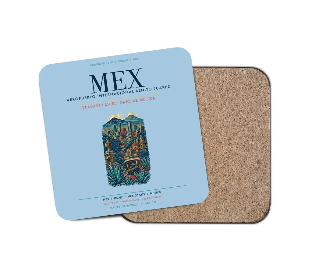 Mexico City Benito Juarez International Airport (MEX) design on light blue 1 piece coaster