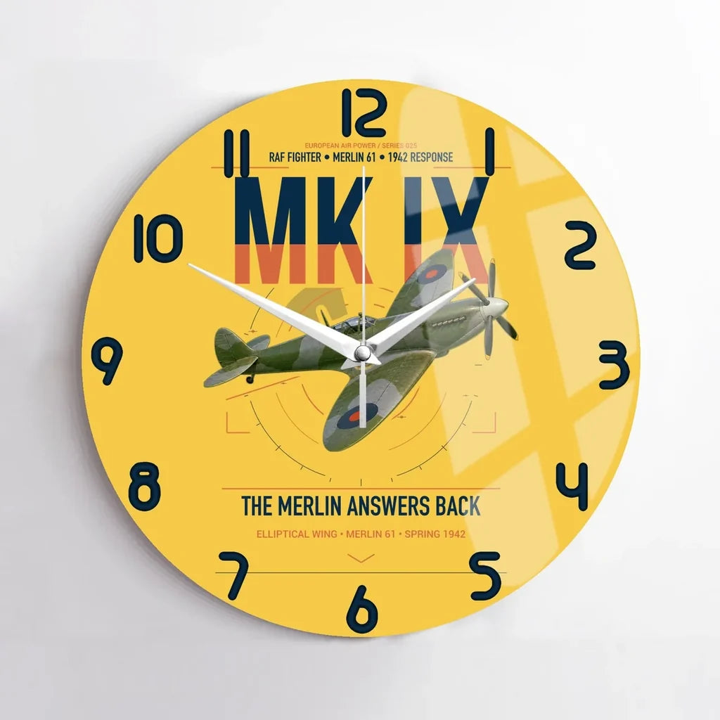 Supermarine Spitfire Mk IX design on yellow no frame wall clock