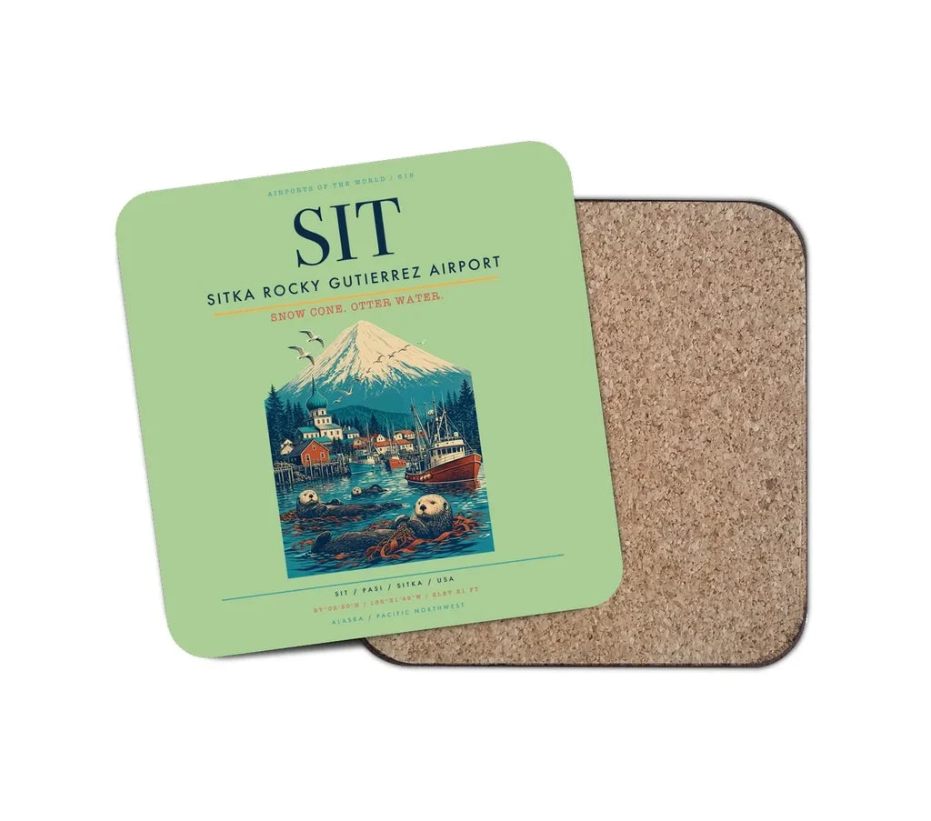Sitka Rocky Gutierrez Airport (SIT) design on light green 1 piece coaster