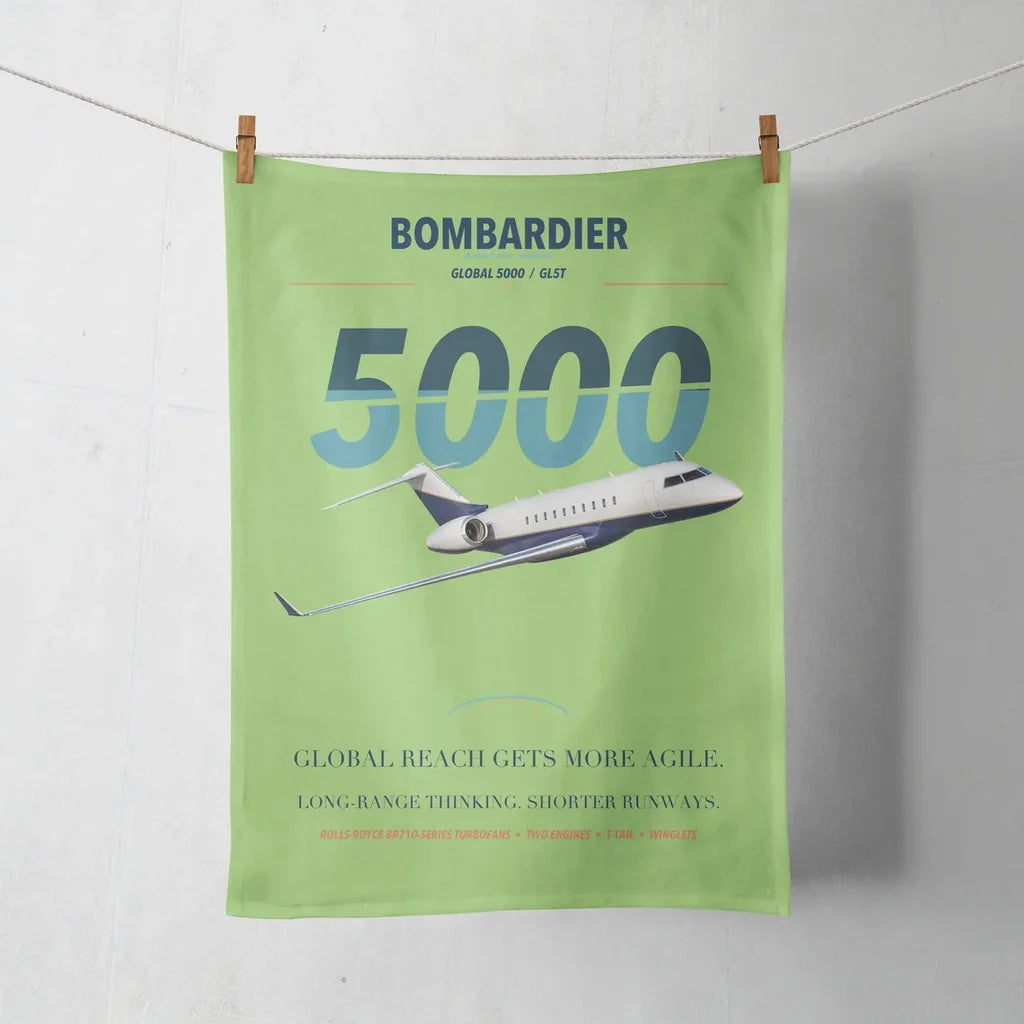 Bombardier Global 5000 design on light green towel