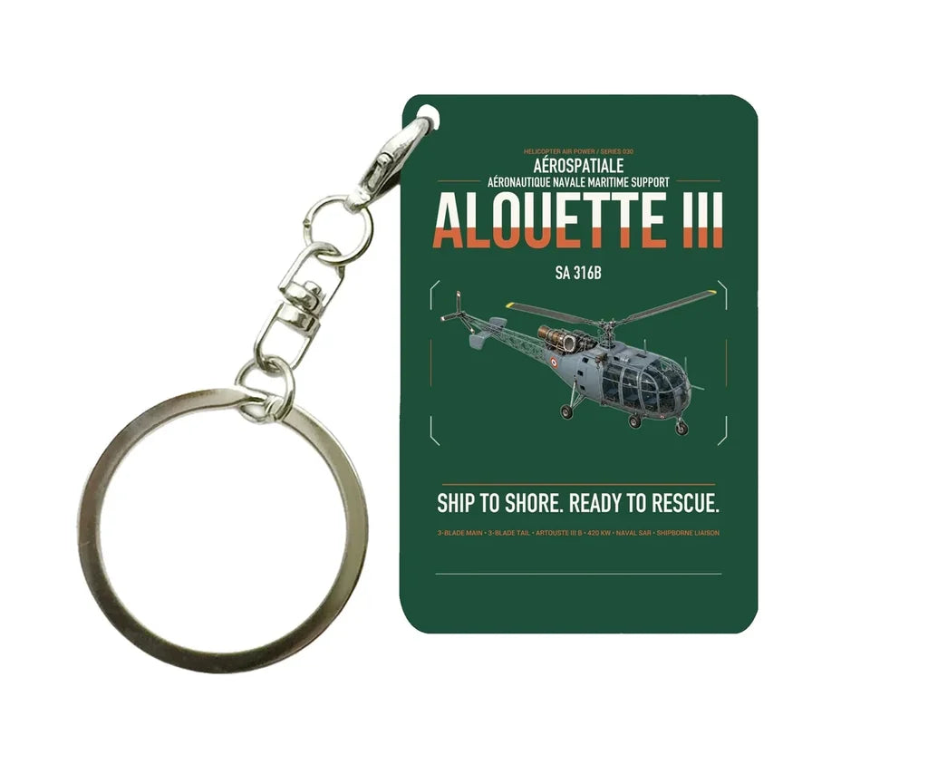 Aérospatiale SA 316B Alouette III design on dark green designed key chain, double-side print