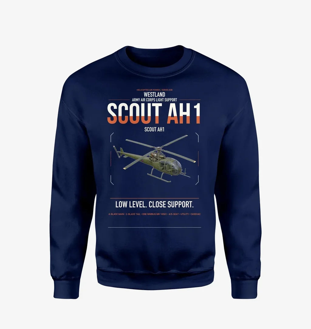 Westland Scout AH1 design on navy blue sweatshirt