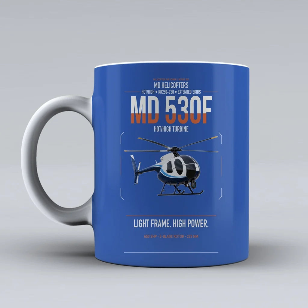 MD Helicopters MD 530F design on blue ceramic mug, double-side print