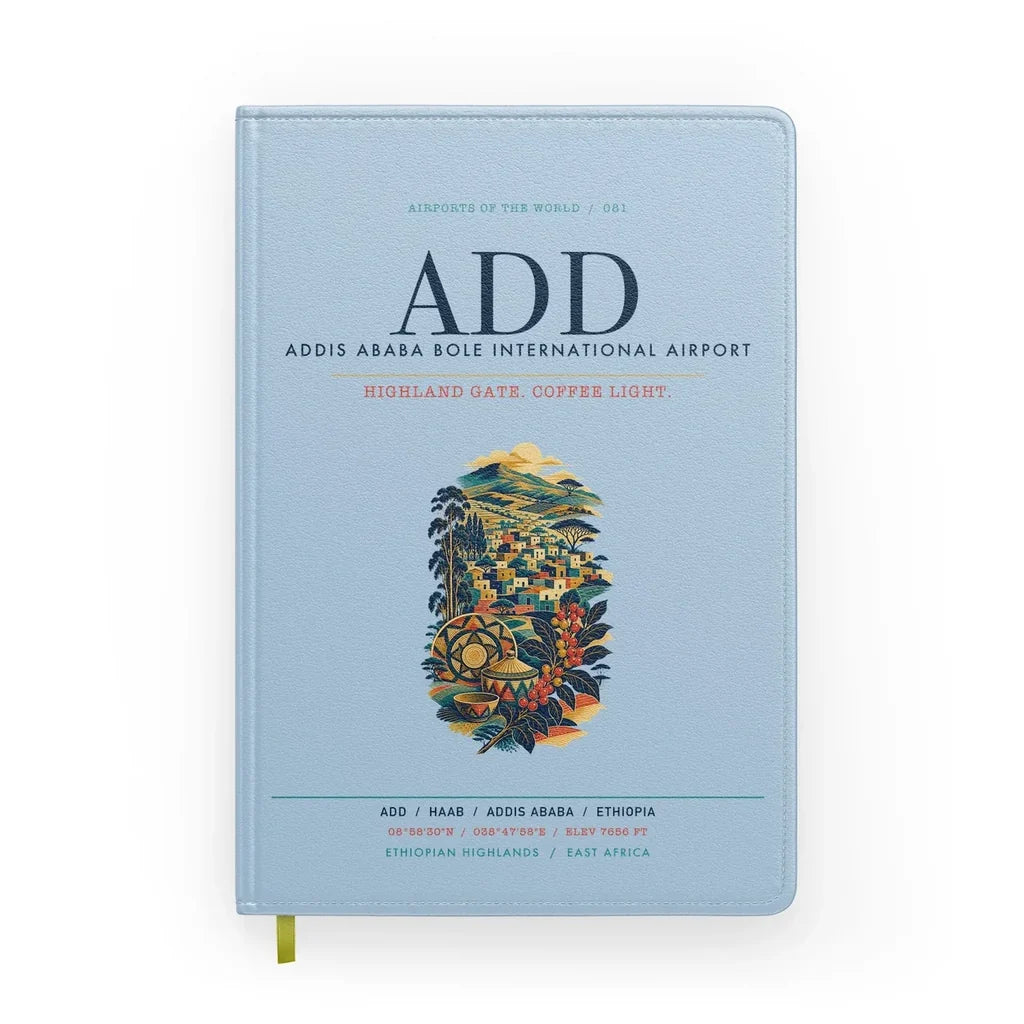Addis Ababa Bole International Airport (ADD) design on light blue notebook