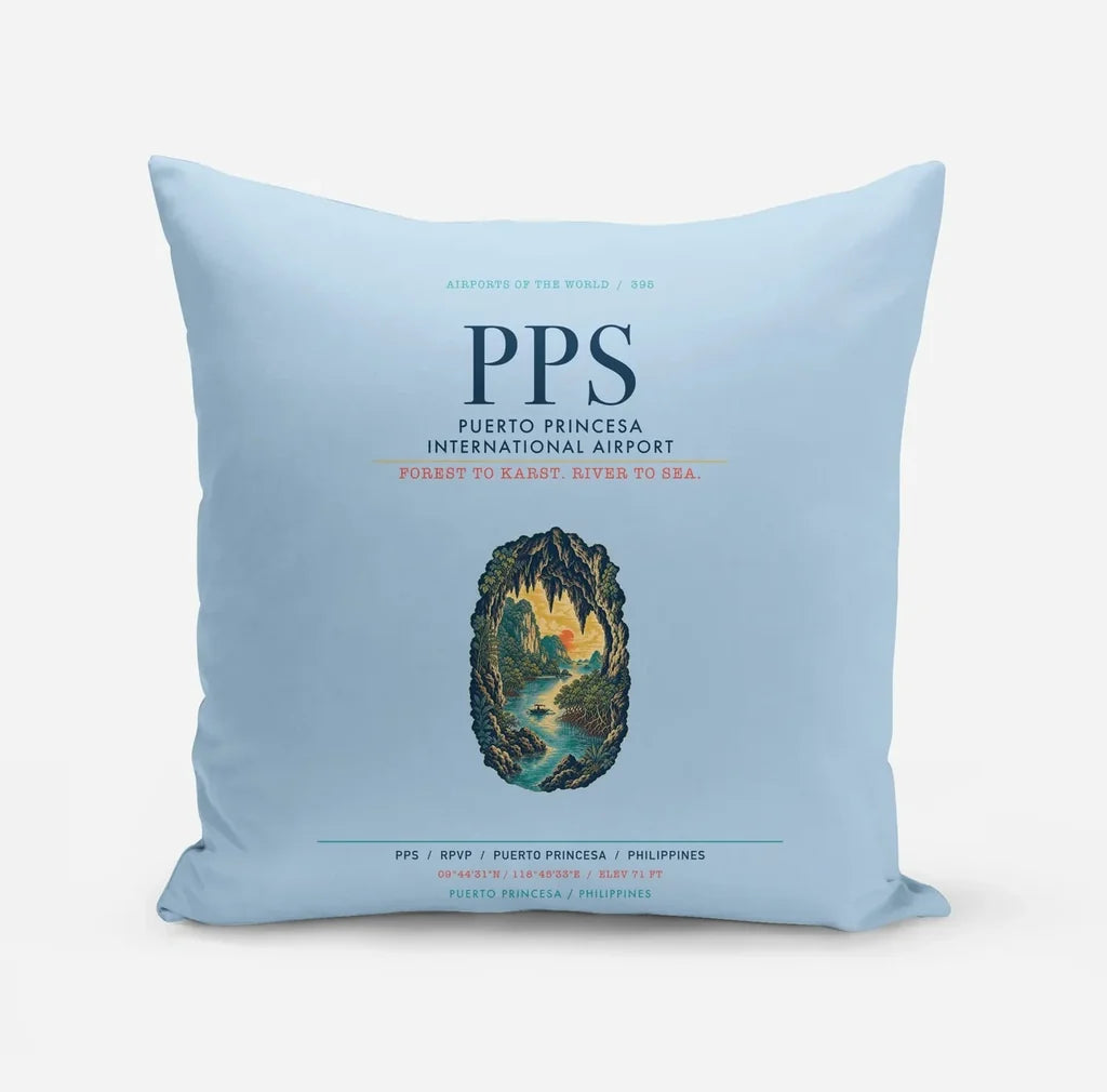 Puerto Princesa International Airport (PPS) design on light blue pillow