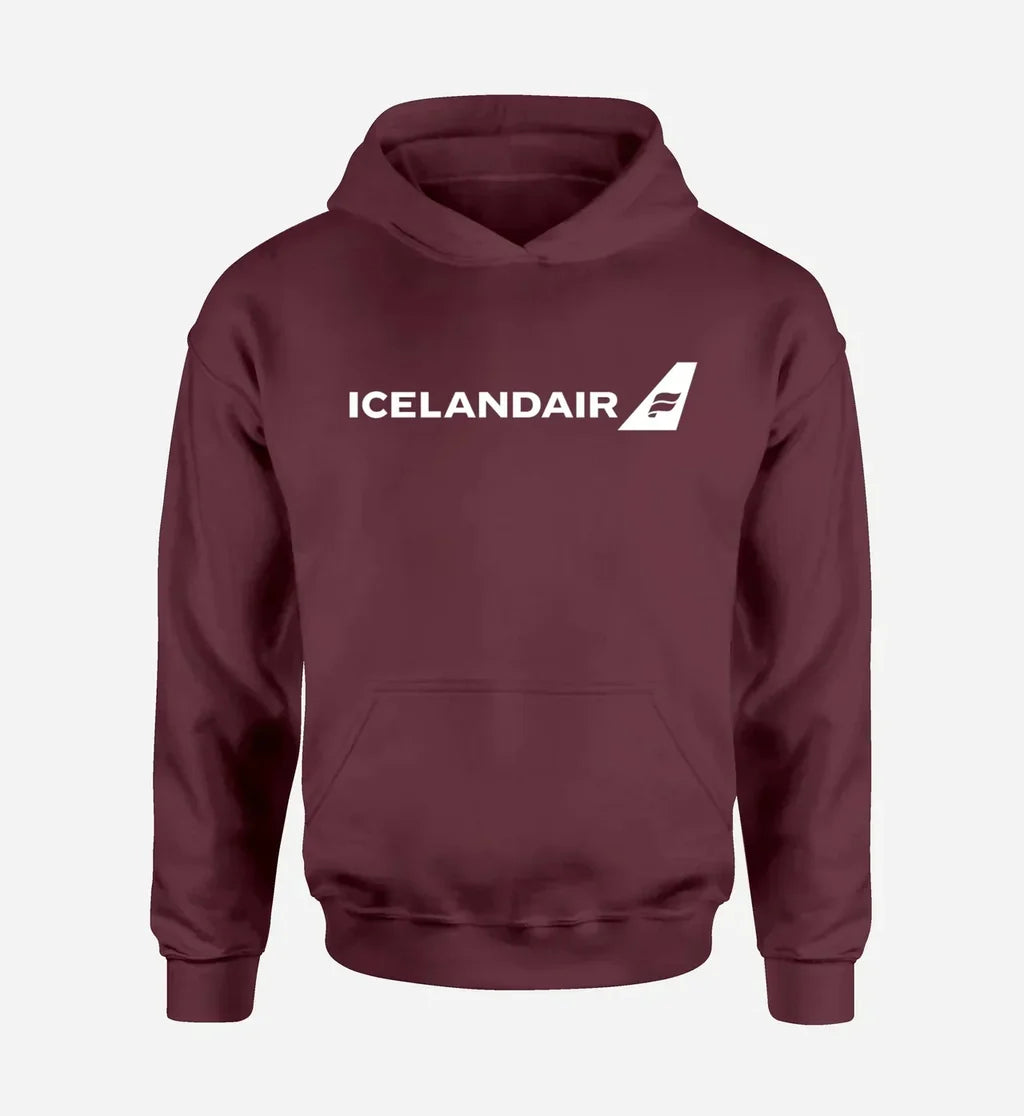Icelandair Airlines logo printed on dark red hoodie