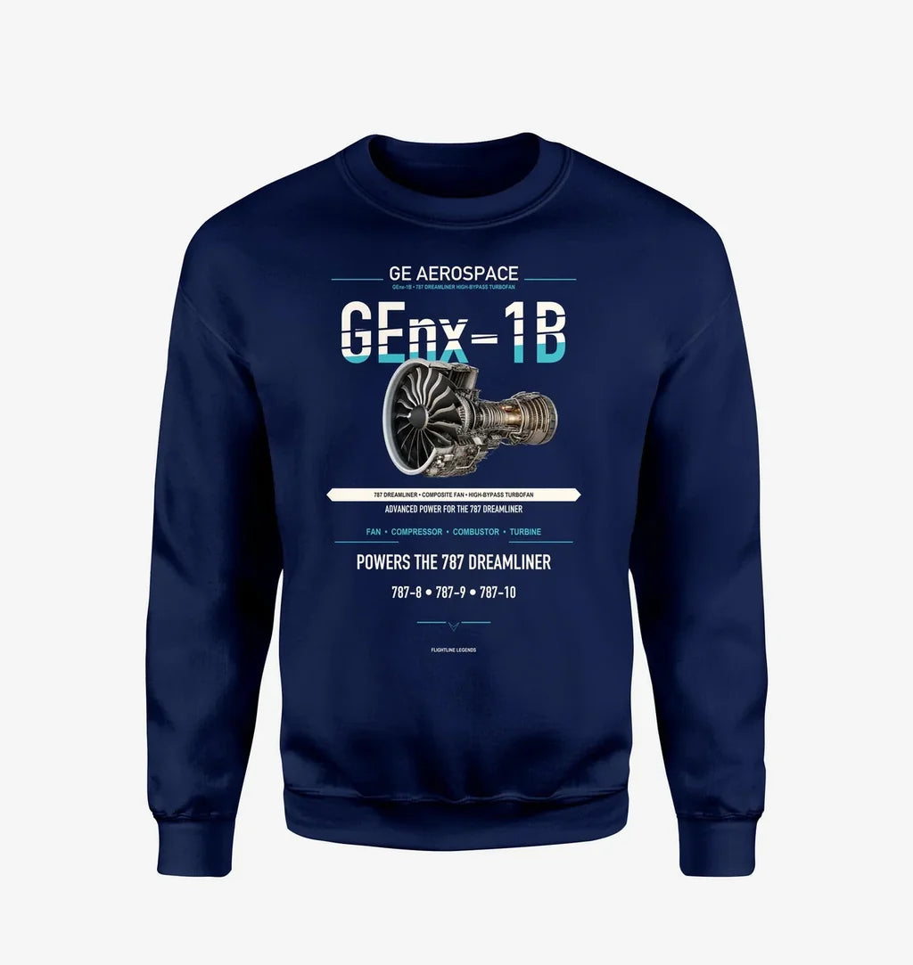 GEnx-1B design on navy blue sweatshirt